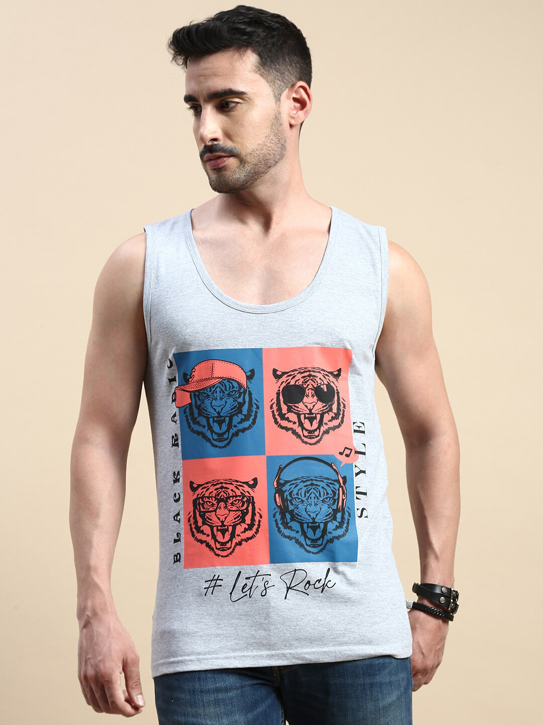 

BLACK RADIO Graphic Printed Pure Cotton T-shirt, Grey melange