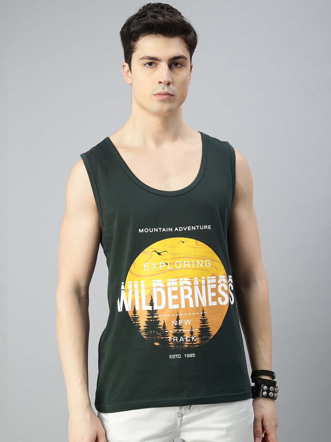 

BLACK RADIO Round Neck Typograpgy Printed Cotton T-shirt, Green