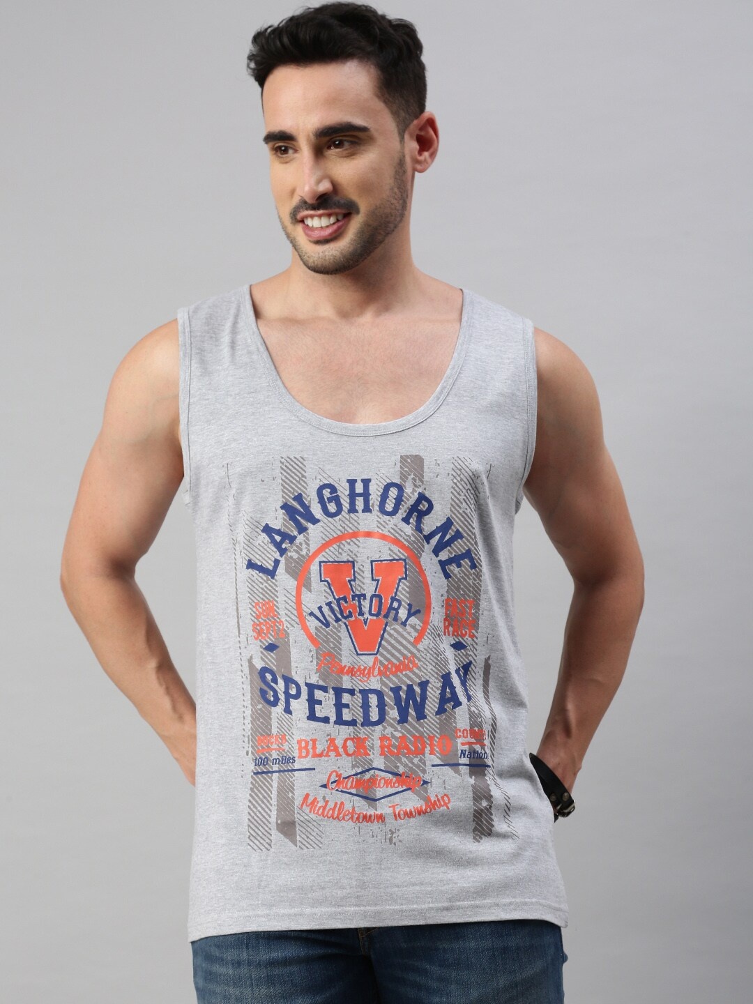 

BLACK RADIO Round Neck Typograpgy Printed Cotton T-shirt, Grey melange
