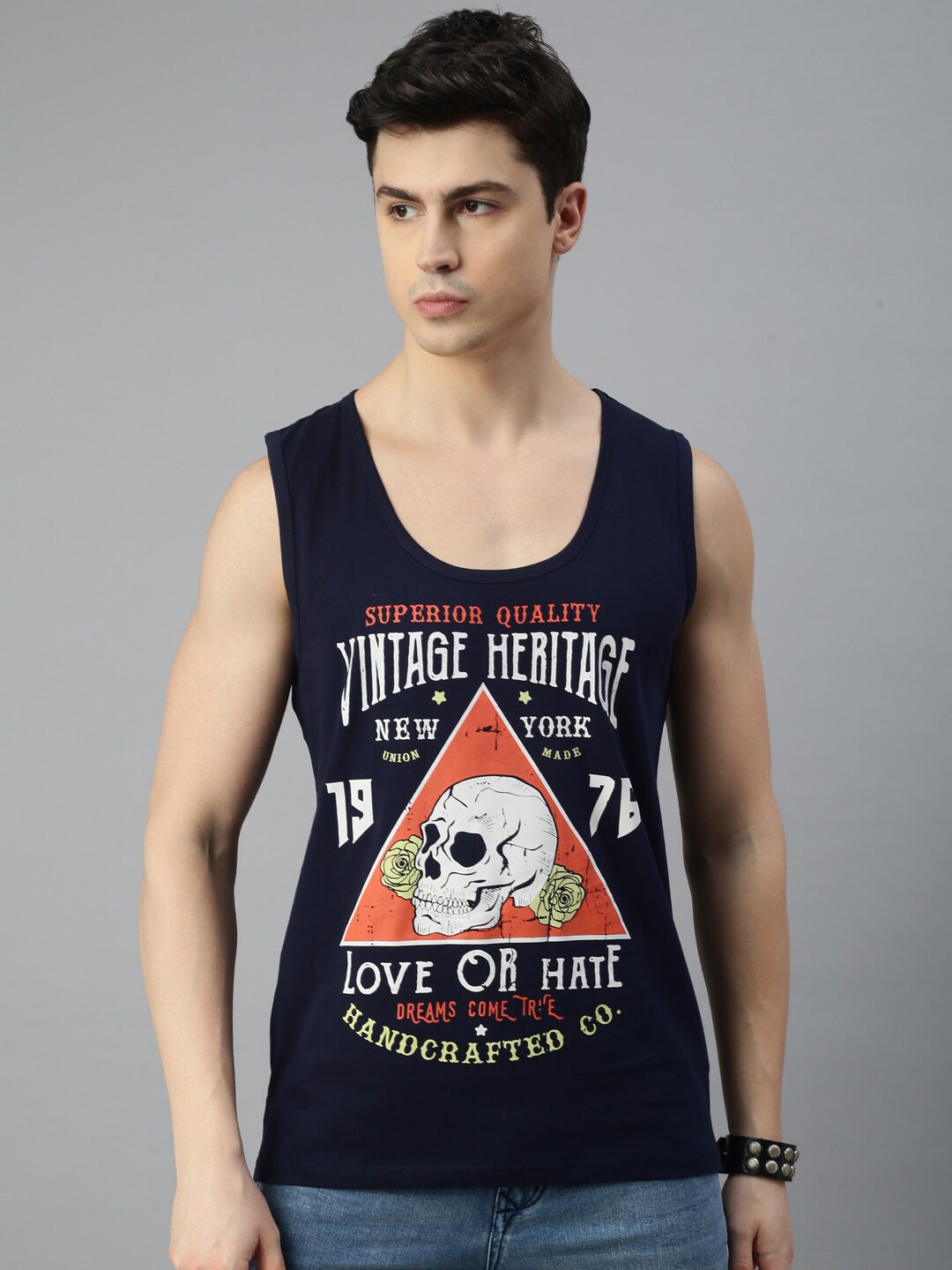 

BLACK RADIO Round Neck Typograpgy Printed Cotton T-shirt, Navy blue