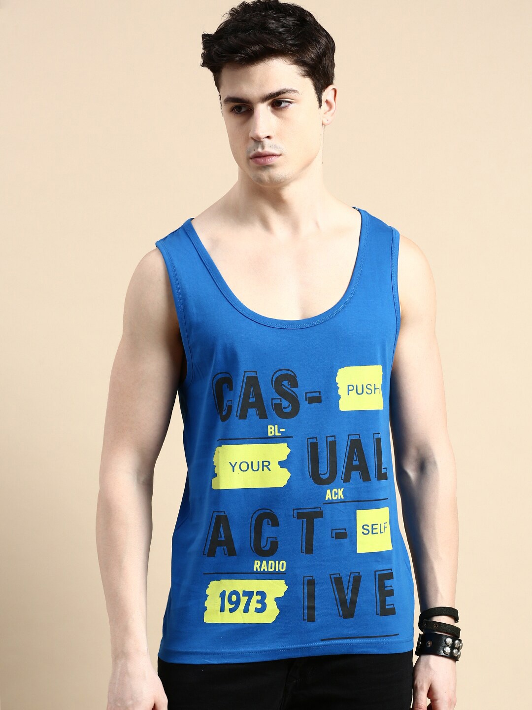 BLACK RADIO Round Neck Typograpgy Printed Cotton T-shirt, Blue