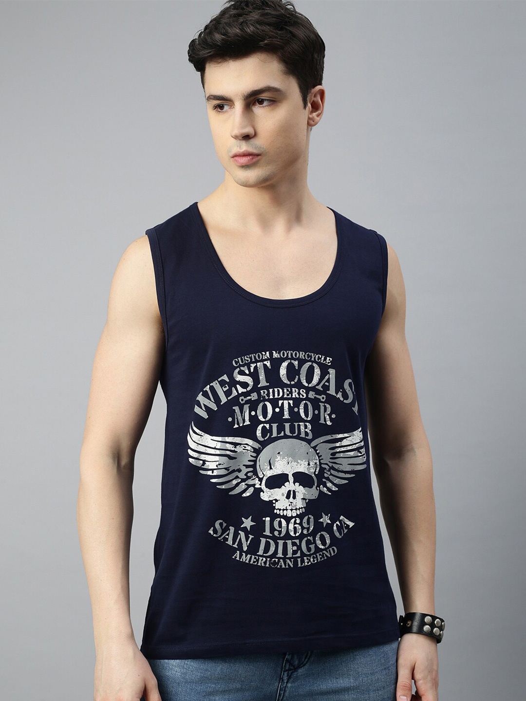 

BLACK RADIO Graphic Printed Sleeveless Pure Cotton T-shirt, Navy blue