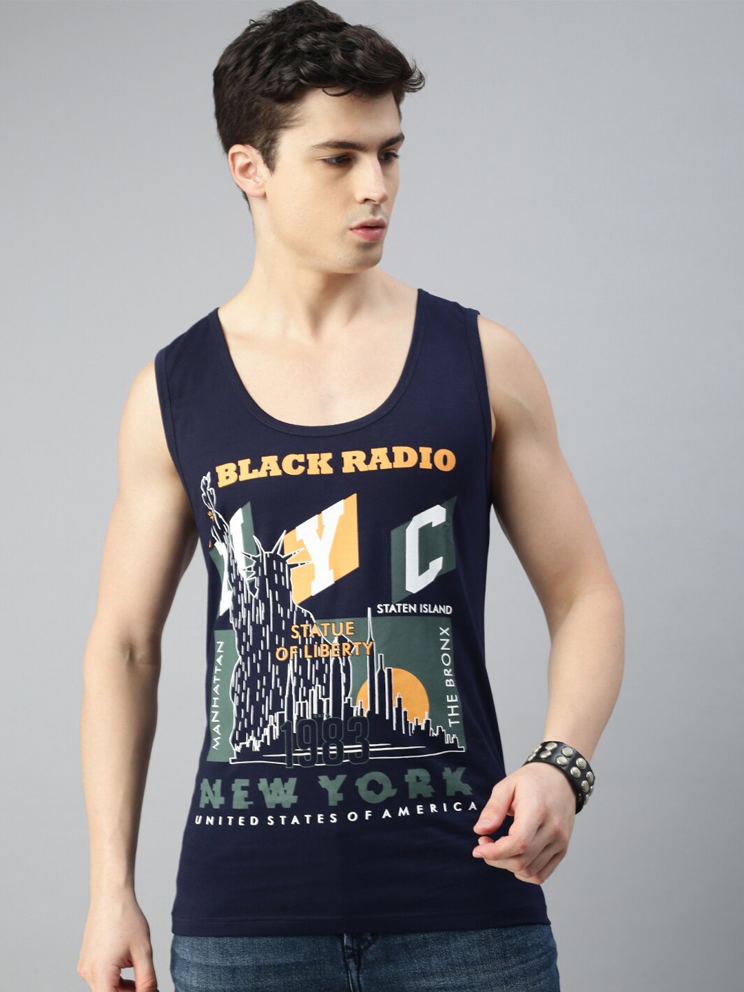 

BLACK RADIO Round Neck Typograpgy Printed Cotton T-shirt, Navy blue