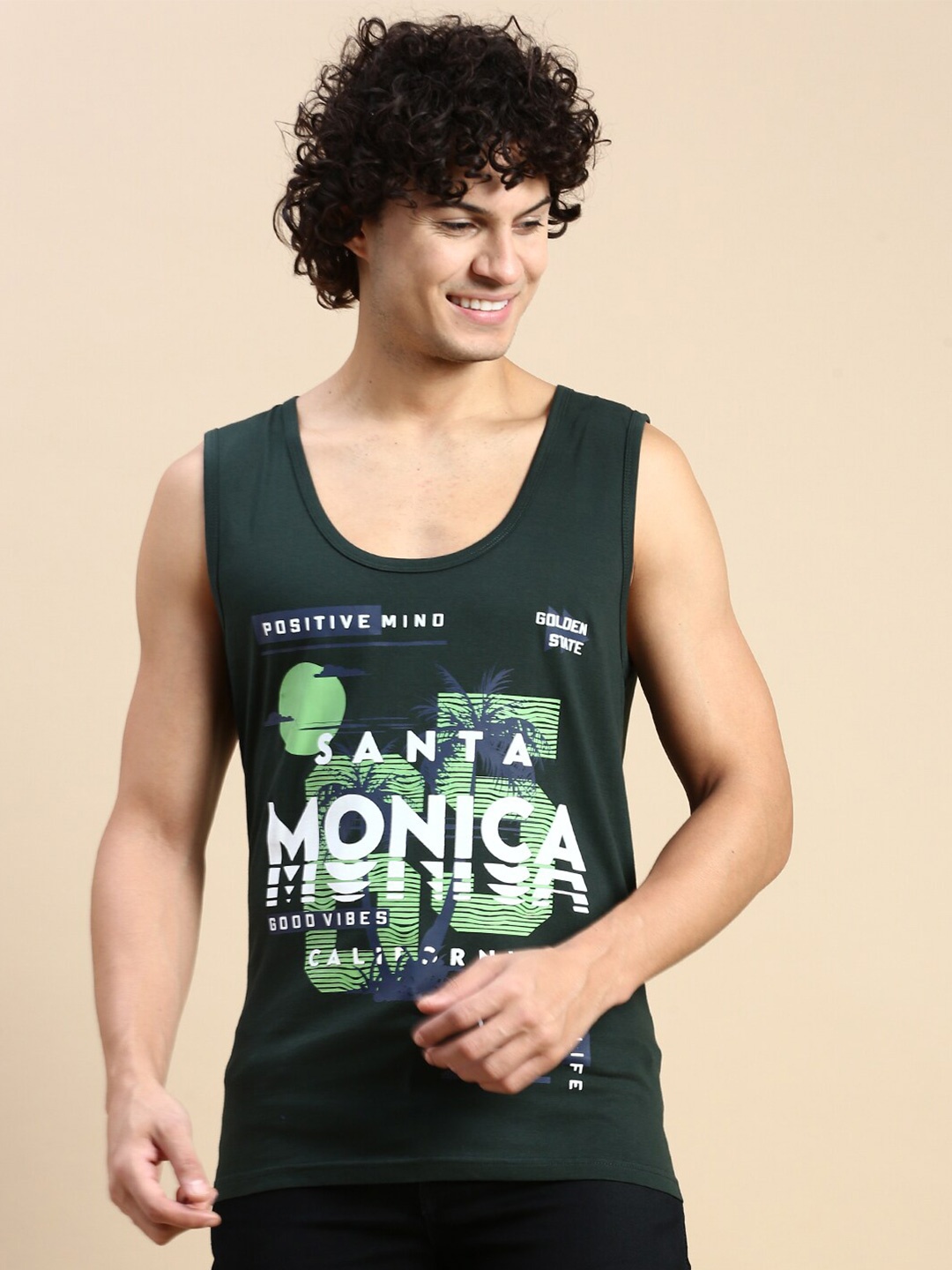 

BLACK RADIO Typography Printed Scoop Neck Sleeveless Regular fit Pure Cotton T-shirt, Green