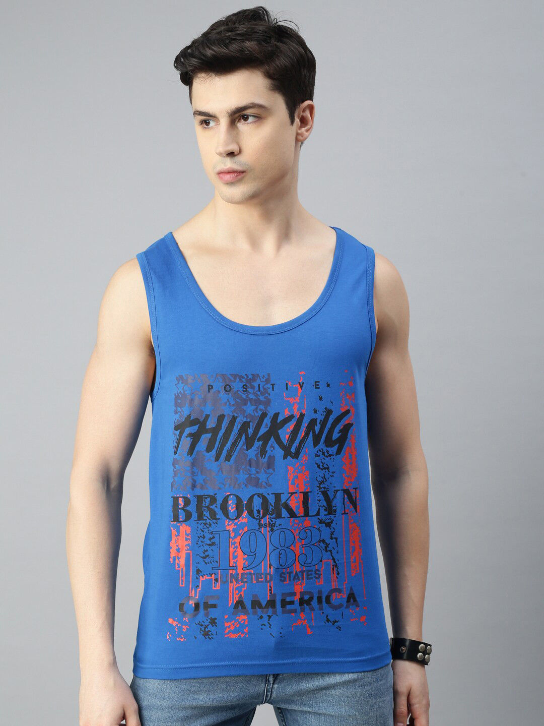 

BLACK RADIO Typography Printed Sleeveless Pure Cotton T-shirt, Blue