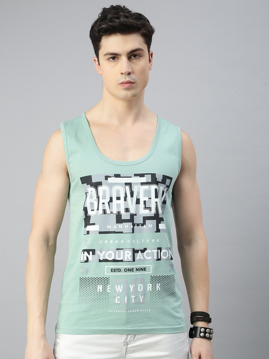 

BLACK RADIO Typography Printed Scoop Neck Sleeveless Regular fit Pure Cotton T-shirt, Sea green