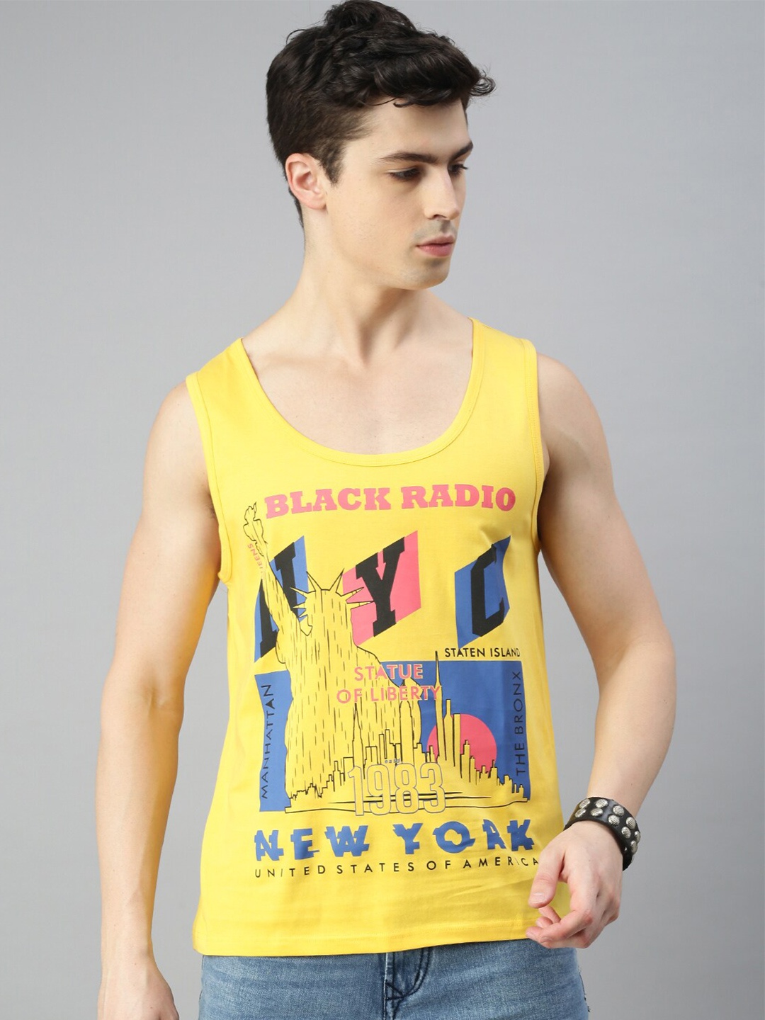 

BLACK RADIO Round Neck Typograpgy Printed Cotton T-shirt, Yellow