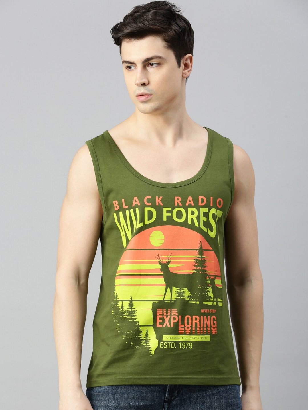 

BLACK RADIO Typography Printed Pure Cotton T-shirt, Olive