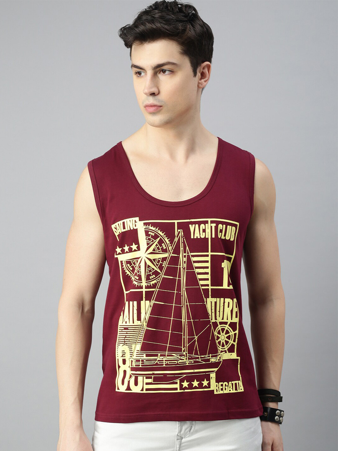 

BLACK RADIO Graphic Printed Sleeveless Pure Cotton T-shirt, Maroon