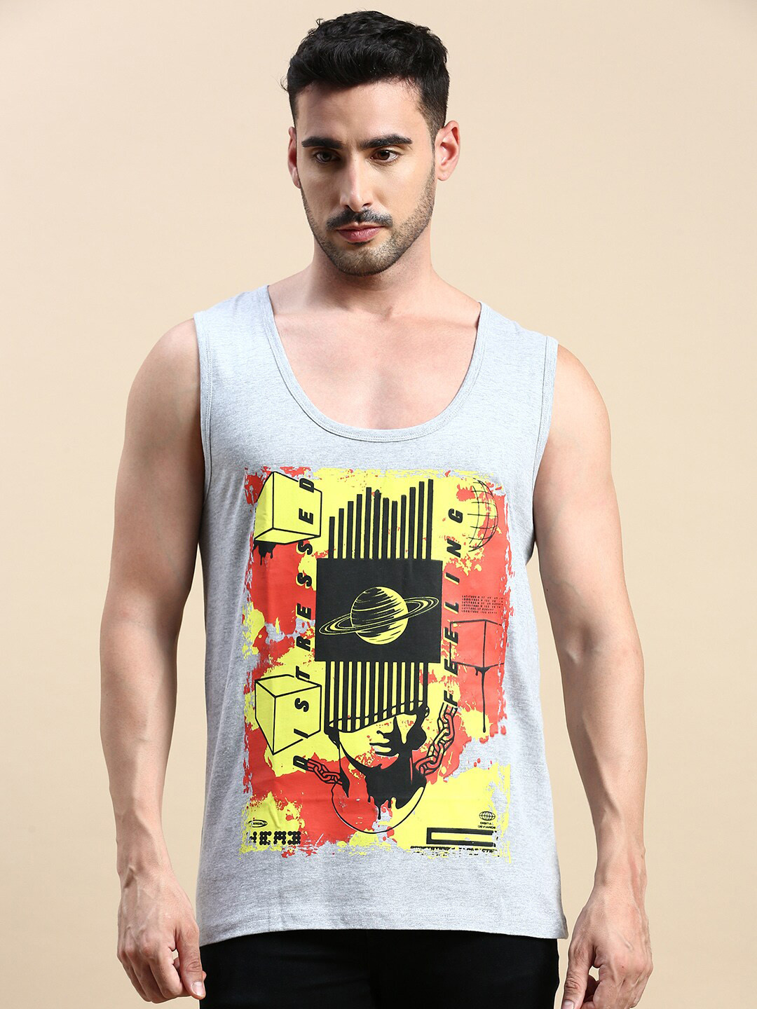 

BLACK RADIO Graphic Printed Sleeveless Pure Cotton T-shirt, Grey melange