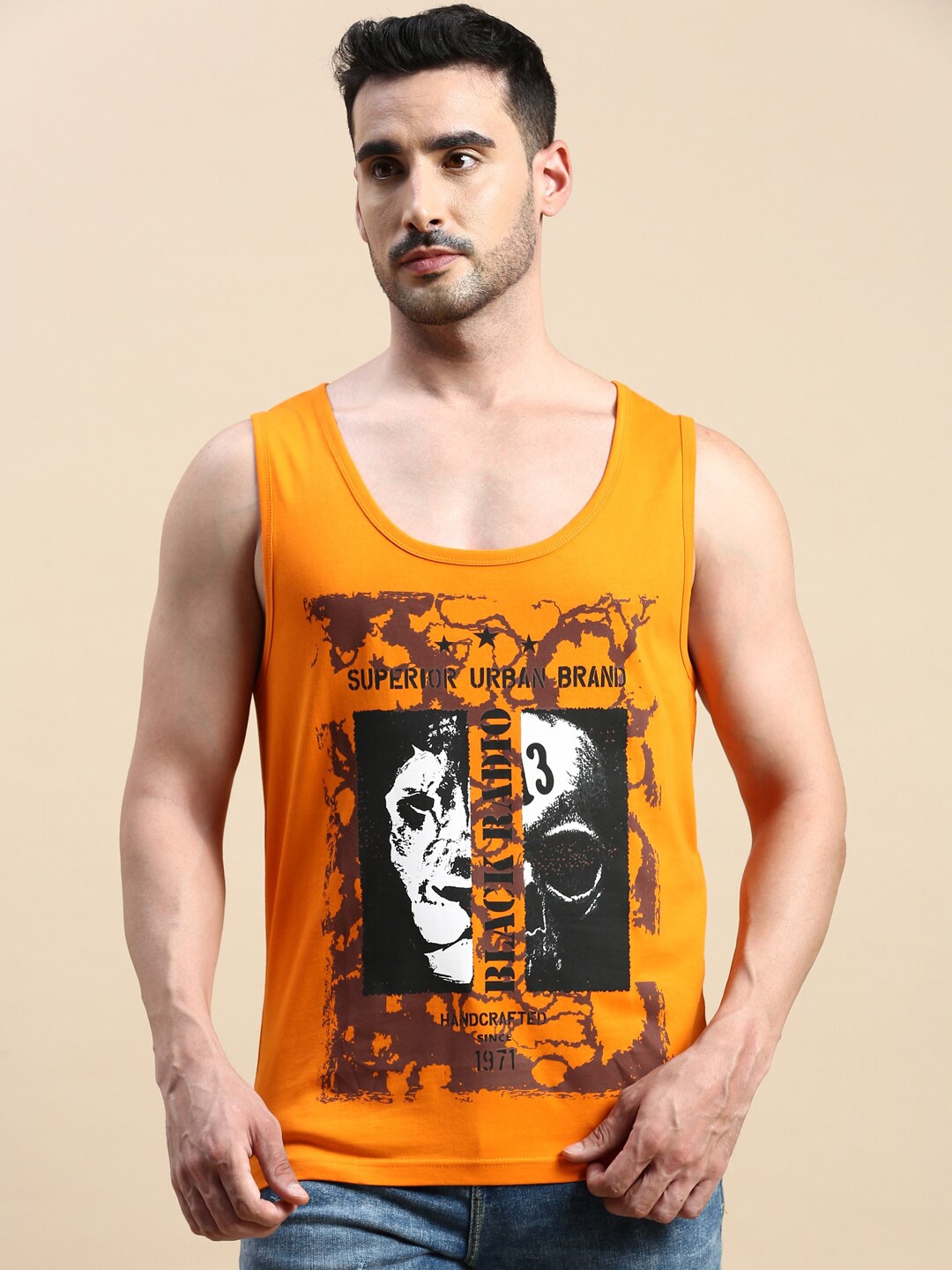 

BLACK RADIO Round Neck Graphic Printed Cotton T-shirt, Orange