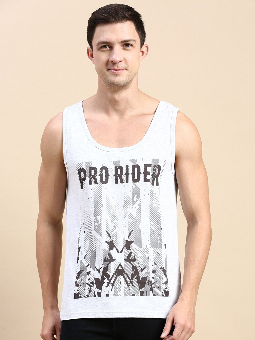

BLACK RADIO Graphic Printed Sleeveless Pure Cotton T-shirt, Off white