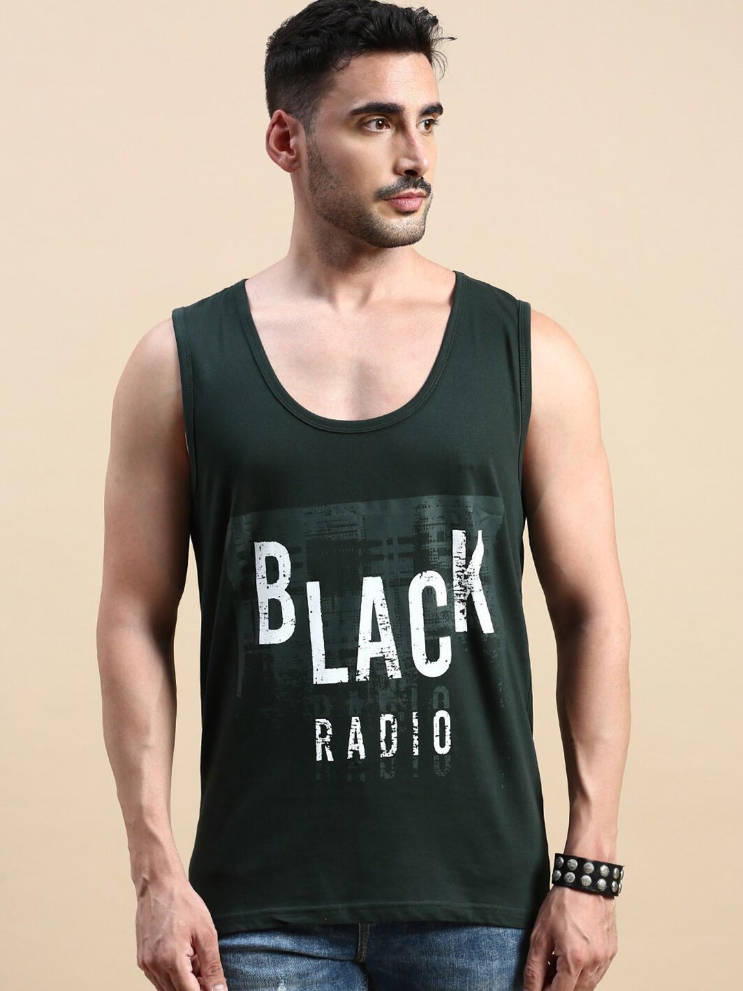 

BLACK RADIO Typography Printed Sleeveless Pure Cotton T-shirt, Green