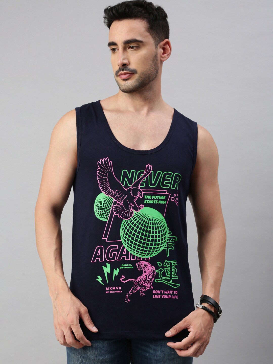 

BLACK RADIO Graphic Printed Sleeveless Pure Cotton T-shirt, Navy blue