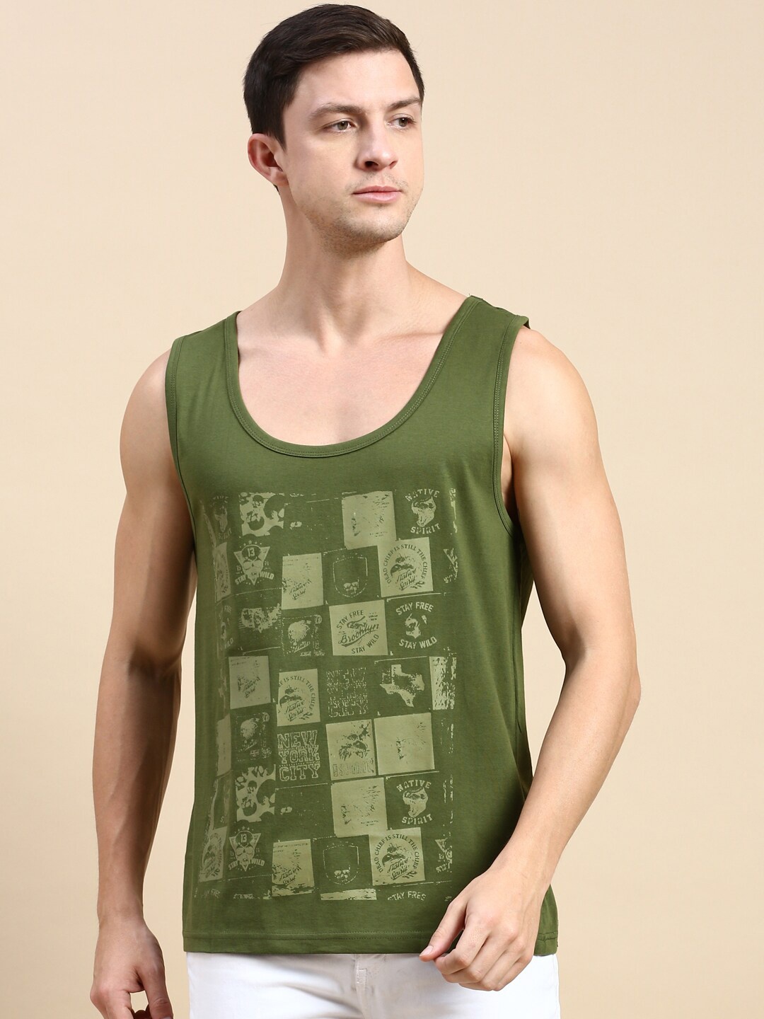 

BLACK RADIO Graphic Printed Scoop Neck Sleeveless Regular fit Pure Cotton T-shirt, Olive