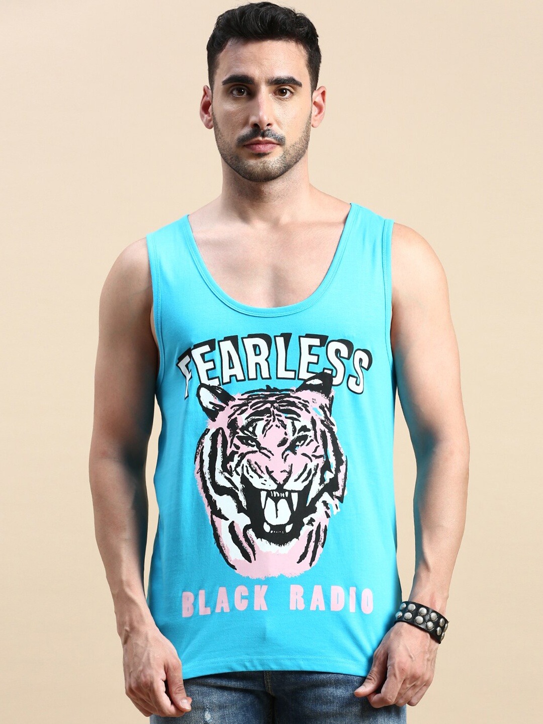 

BLACK RADIO Graphic Printed Pure Cotton T-shirt, Turquoise blue