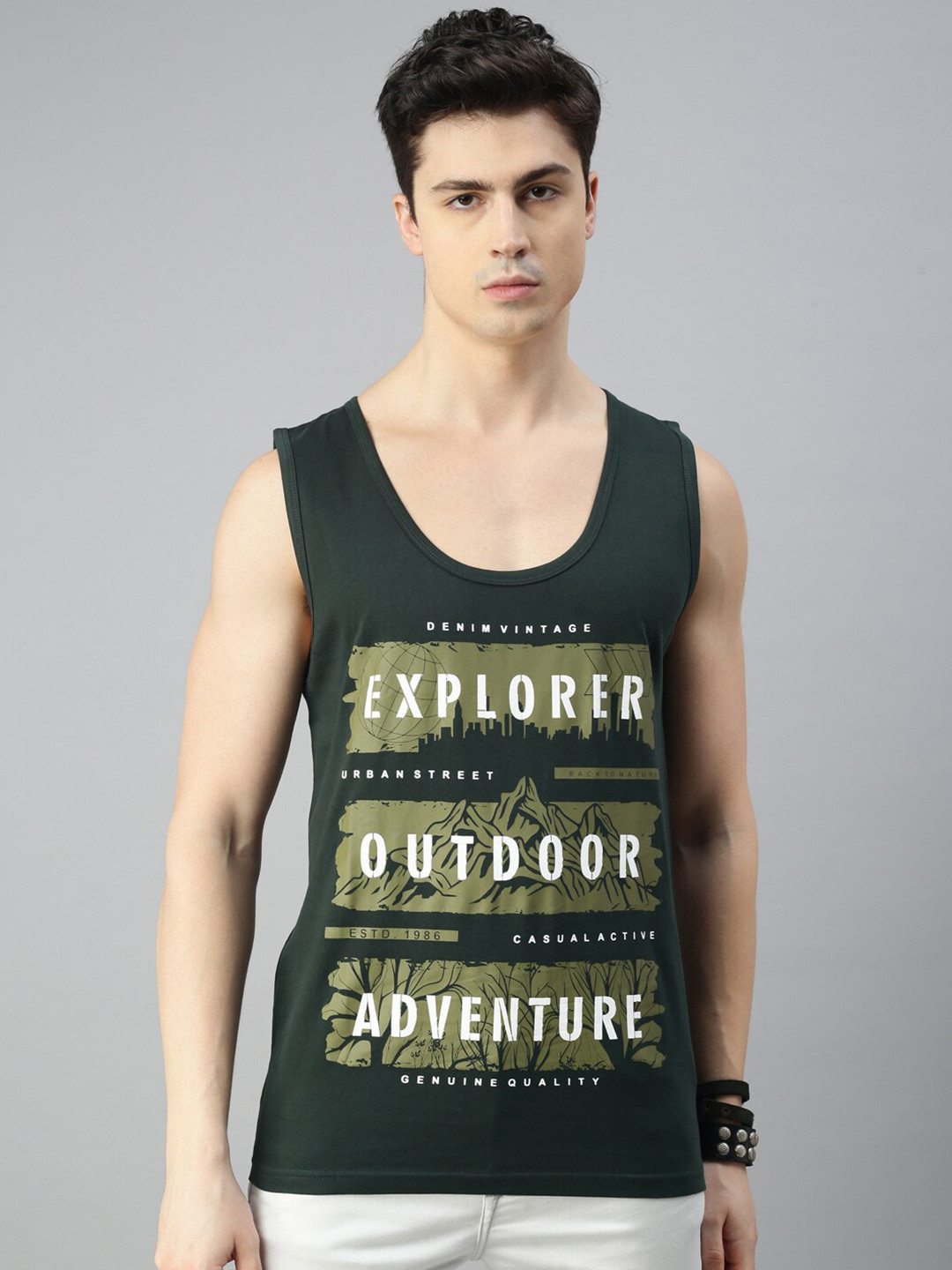 

BLACK RADIO Typography Printed Sleeveless Pure Cotton T-shirt, Green