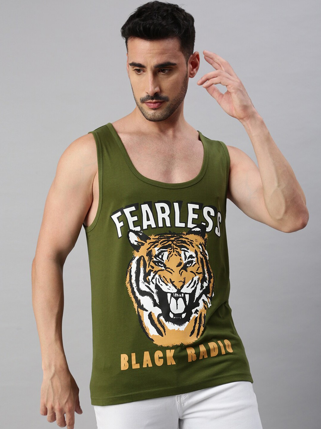 

BLACK RADIO Round Neck Graphic Printed Cotton T-shirt, Olive
