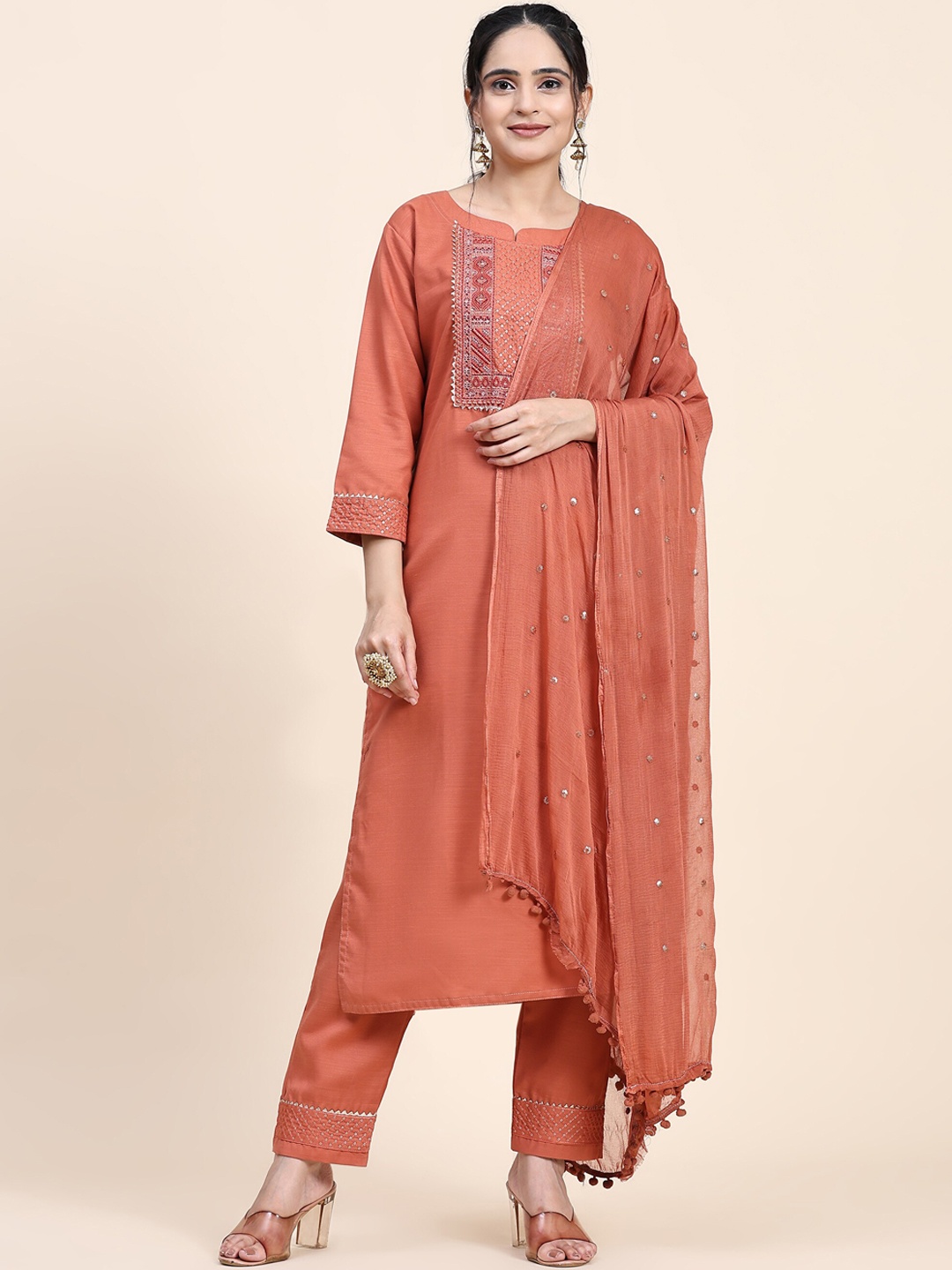 

Nimidiya Ethnic Motifs Embroidered Regular Thread Work Pure Cotton Kurta with Trousers, Peach