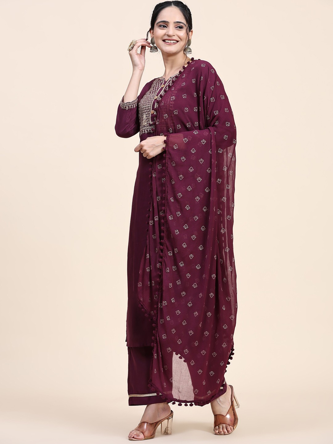 

Nimidiya Ethnic Motifs Embroidered Regular Pure Cotton Kurta with Trousers & With Dupatta, Purple