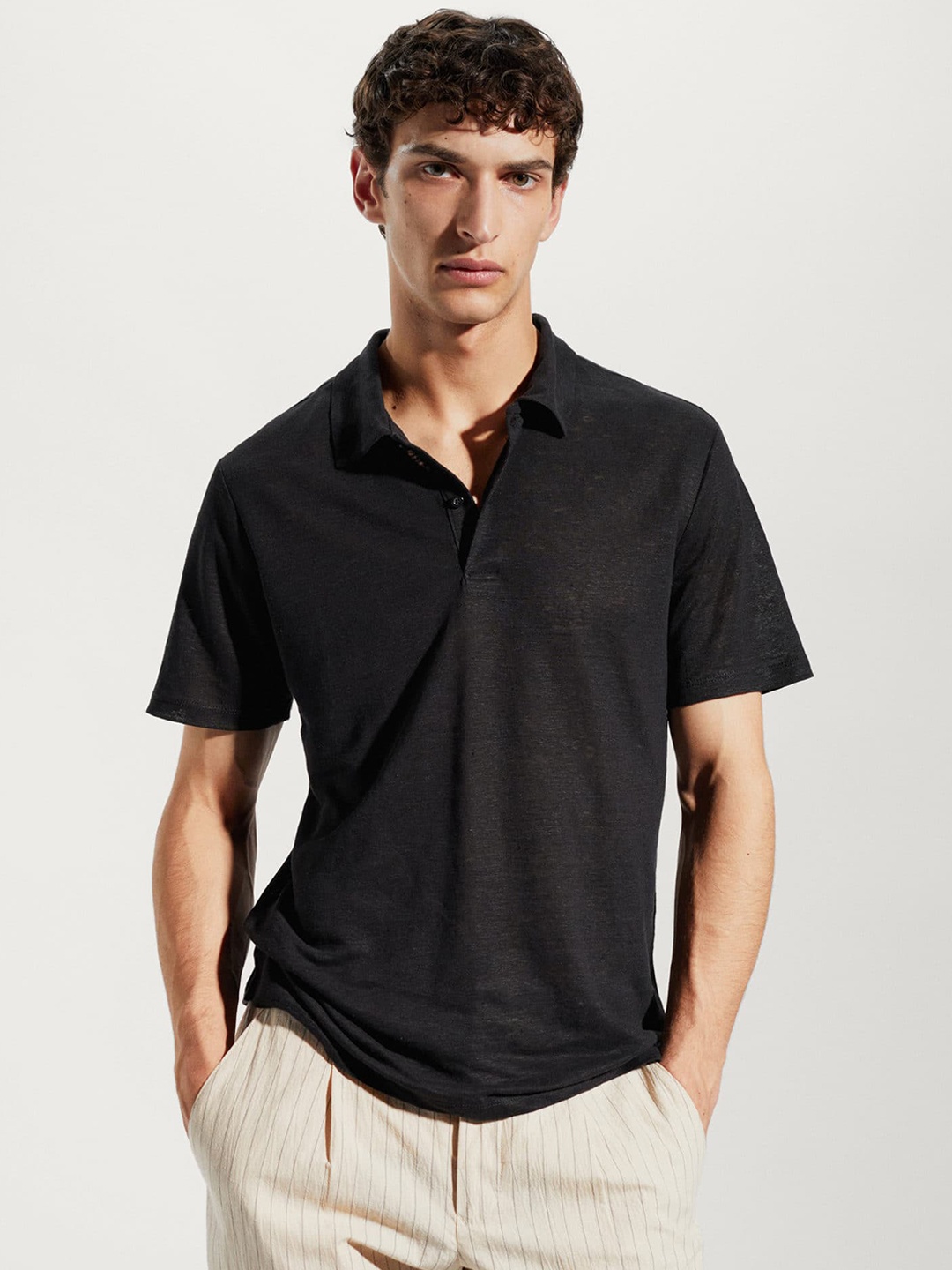 

MANGO MAN Polo Collar Linen T-shirt, Black
