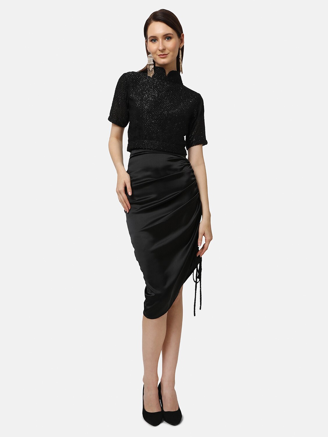 

Ashtag Mandarin Collar Embellished Top, Black