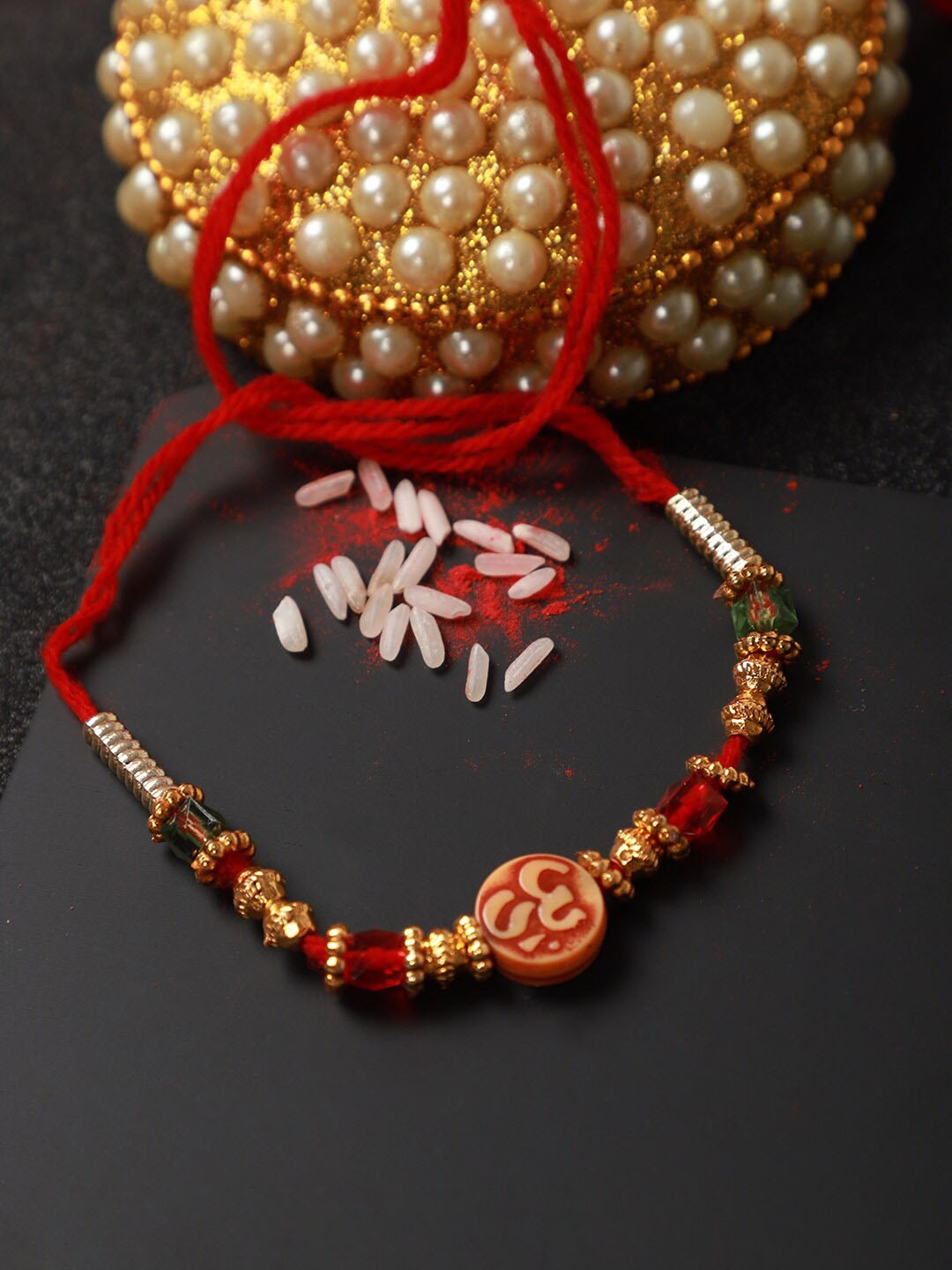 

Anouk Om Charm Beaded Rakhi & Greeting Card, Red