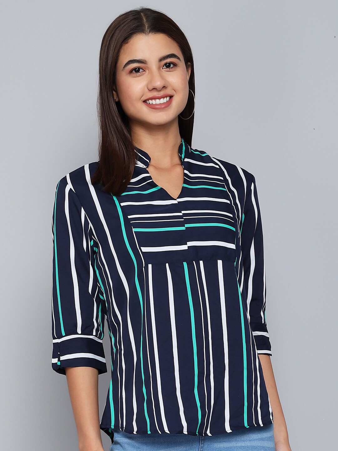 

VAARARO Striped Mandarin Collar Shirt Style Top, Navy blue
