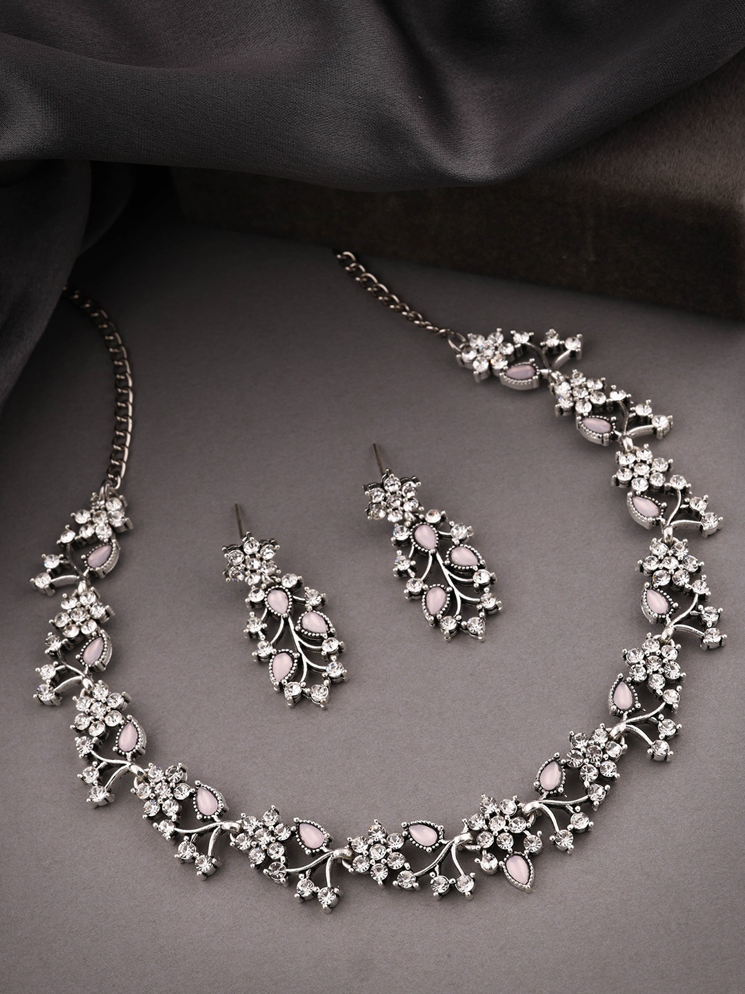 

Brado Jewellery Silver-Plated AD Stone-Studded & Beaded Necklace & Earrings Set