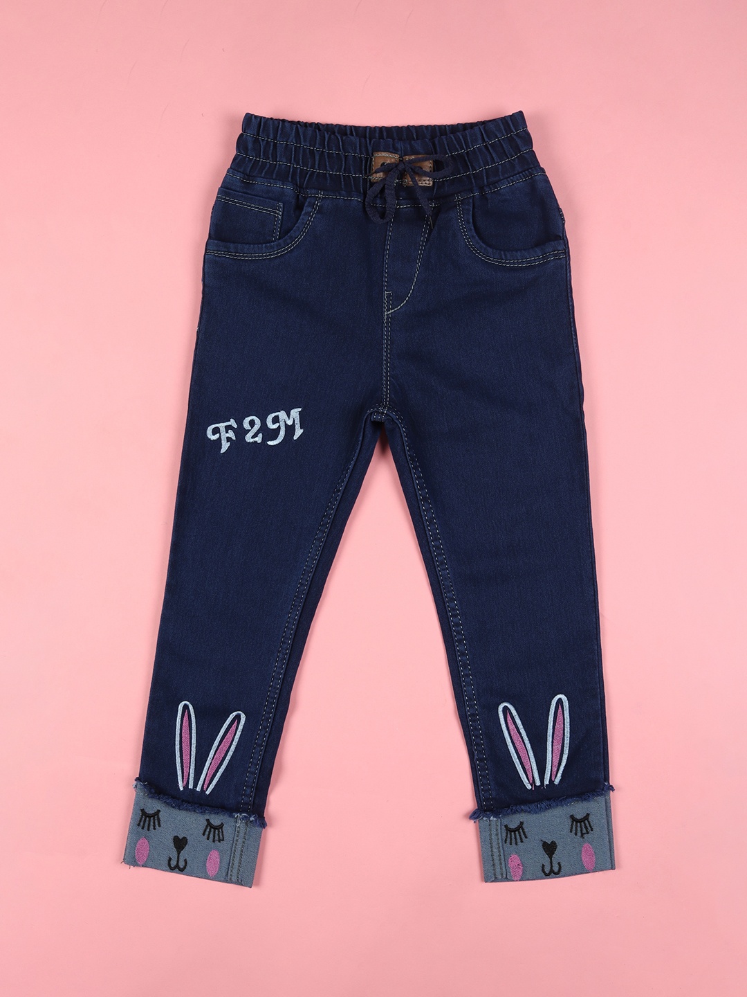 

F2M Kids Slim Fit High Rise Clean Look Frayed Hem Embroidered Stretchable Jeans, Blue