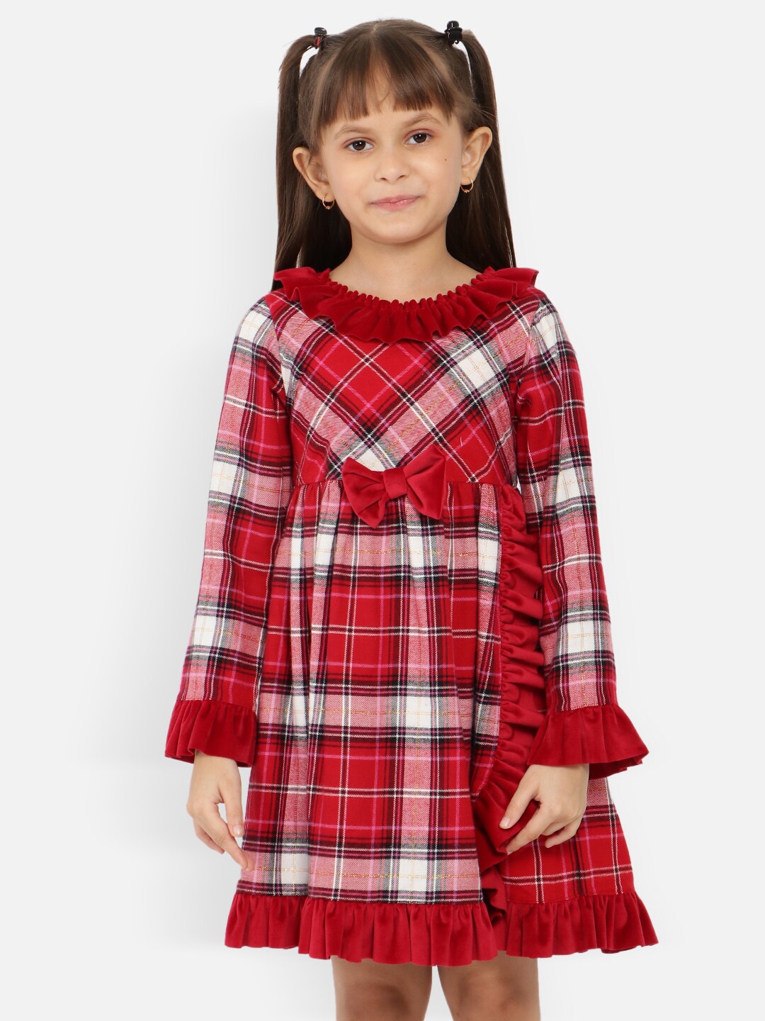 

Nauti Nati Girls Checked Bell Sleeves Ruffled Pure Cotton A-Line Dress, Red