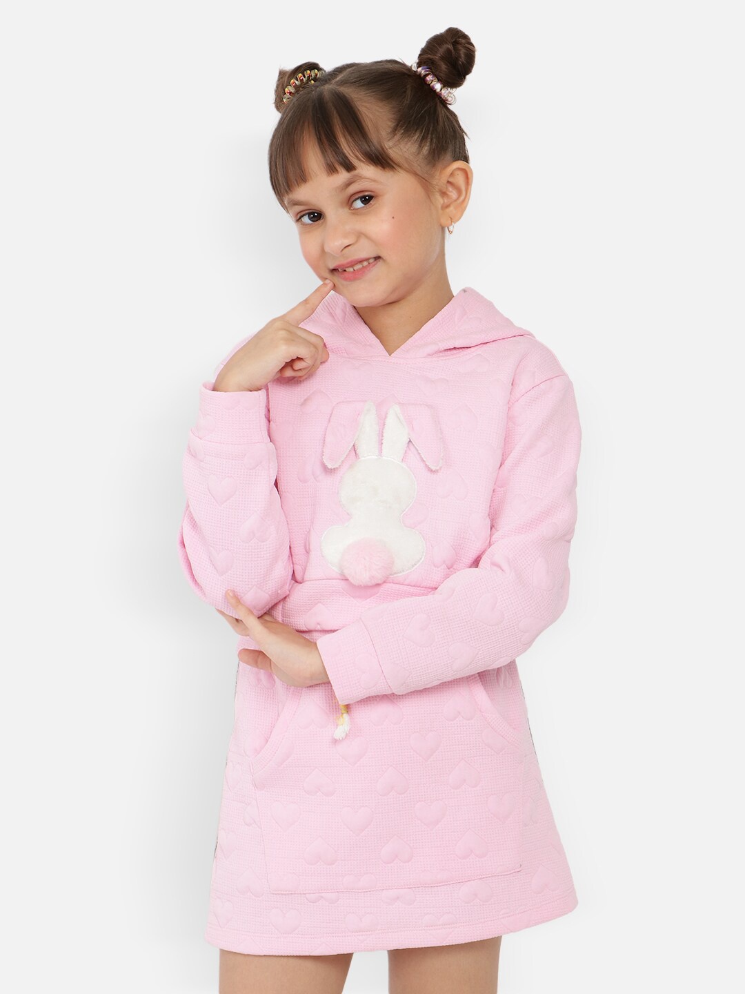 

Nauti Nati Girls Self Design Hooded Bunny Rabbit Applique Top With Skirt, Pink