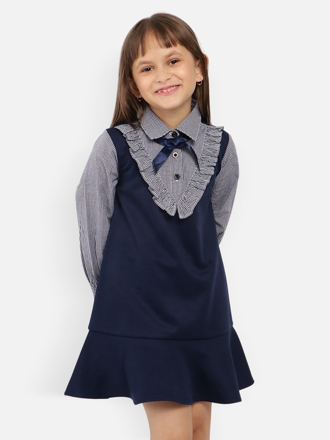

Nauti Nati Girls Checked Shirt Collar Ruffled Drop-Waist Dress, Navy blue