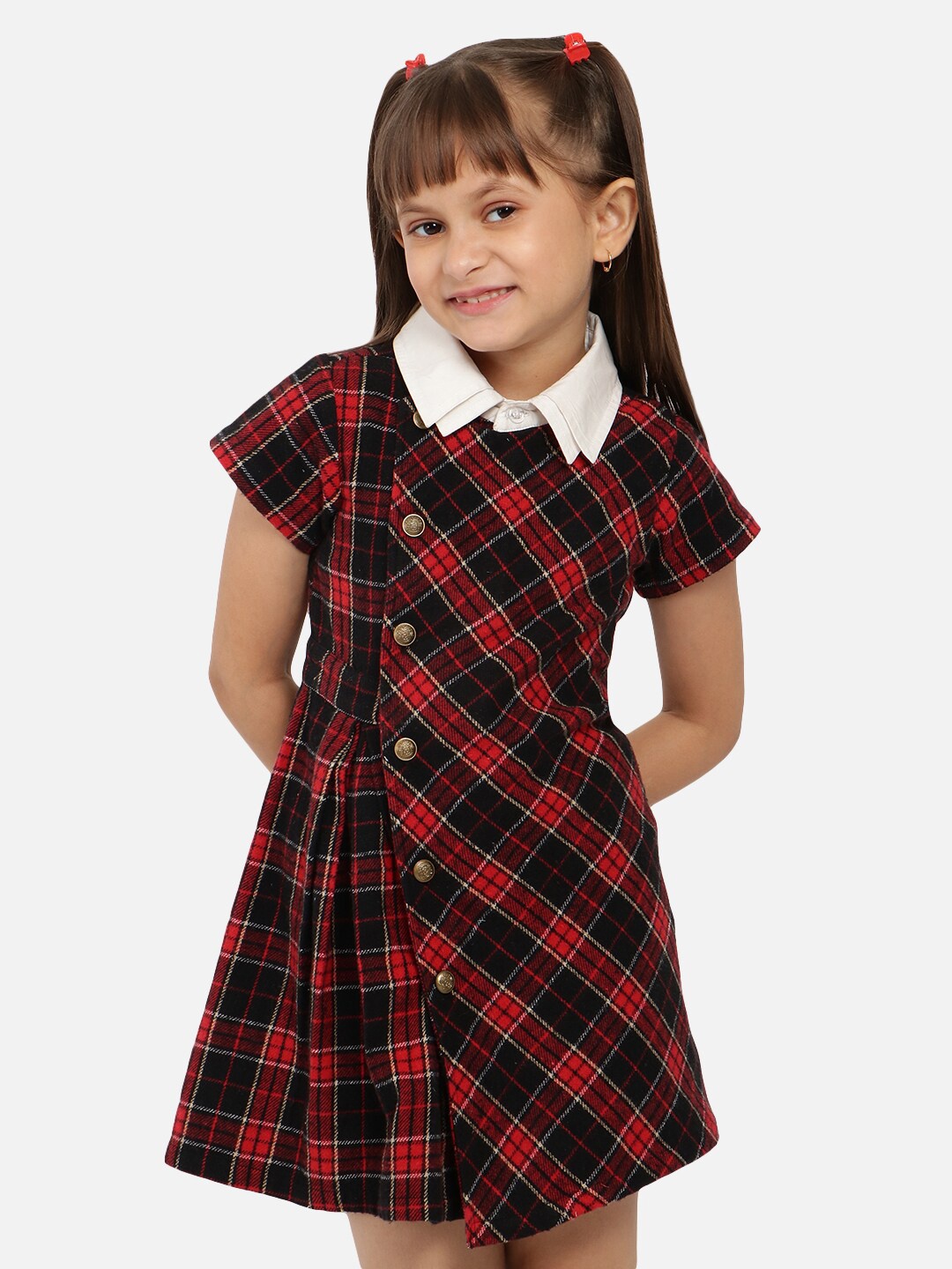 

Nauti Nati Girls Checked Gathered Pure Cotton Shirt Dress, Red