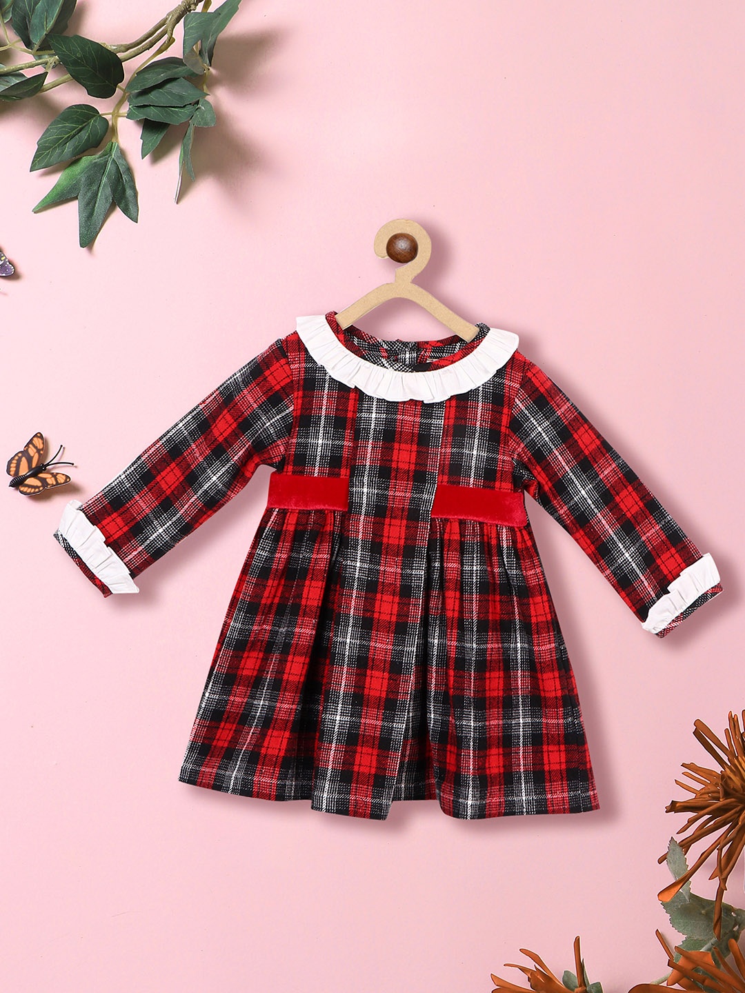 

Nauti Nati Girls Checked Ruffled Pure Cotton Flared A-Line Dress, Red