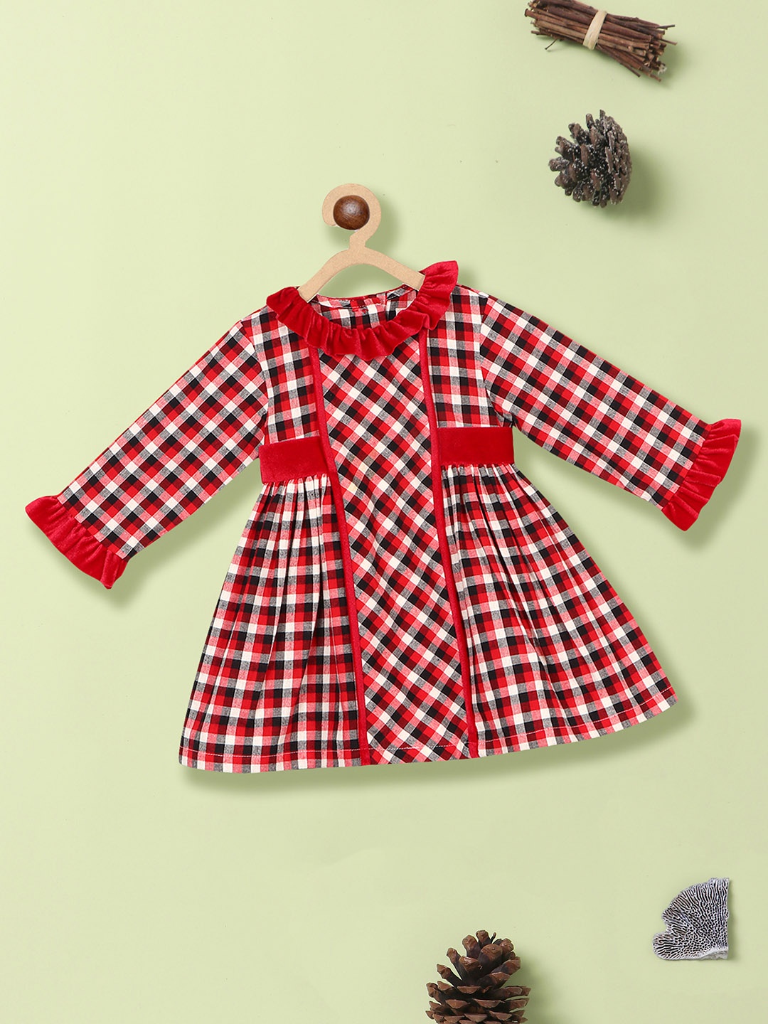 

Nauti Nati Girls Checked Ruffled Pure Cotton A-Line Dress, Red