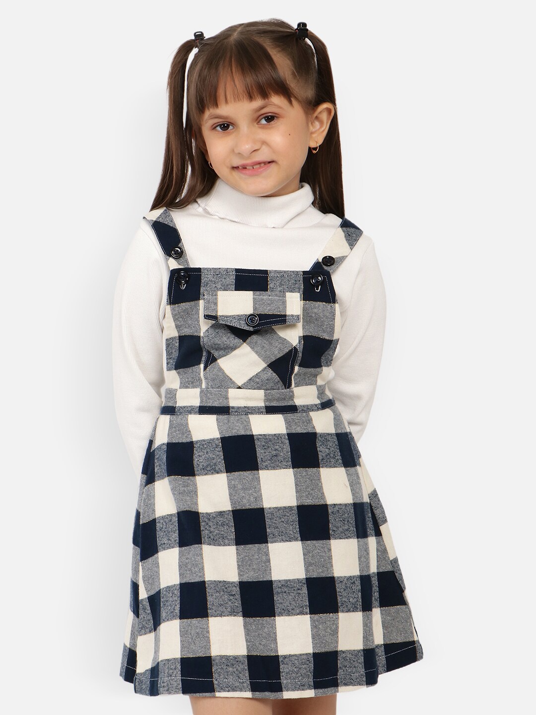 

Nauti Nati Girls Checked Pure Cotton Pinafore Dress With High Neck Top, Navy blue