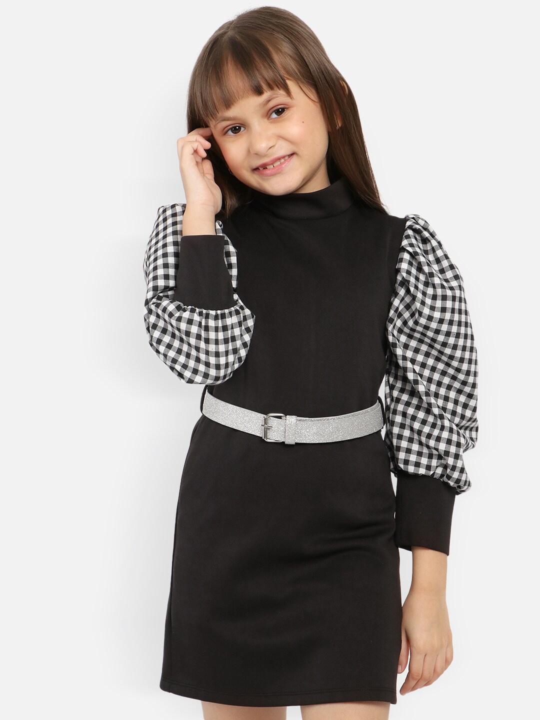 

Nauti Nati Girls Checked High Neck Puff Sleeves Sheath Dress, Black