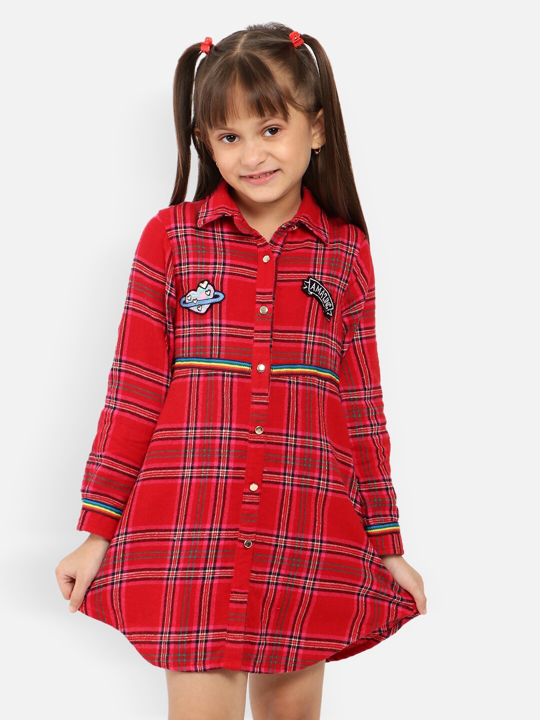 

Nauti Nati Girls Checked Applique Detail Pure Cotton Shirt Dress, Red