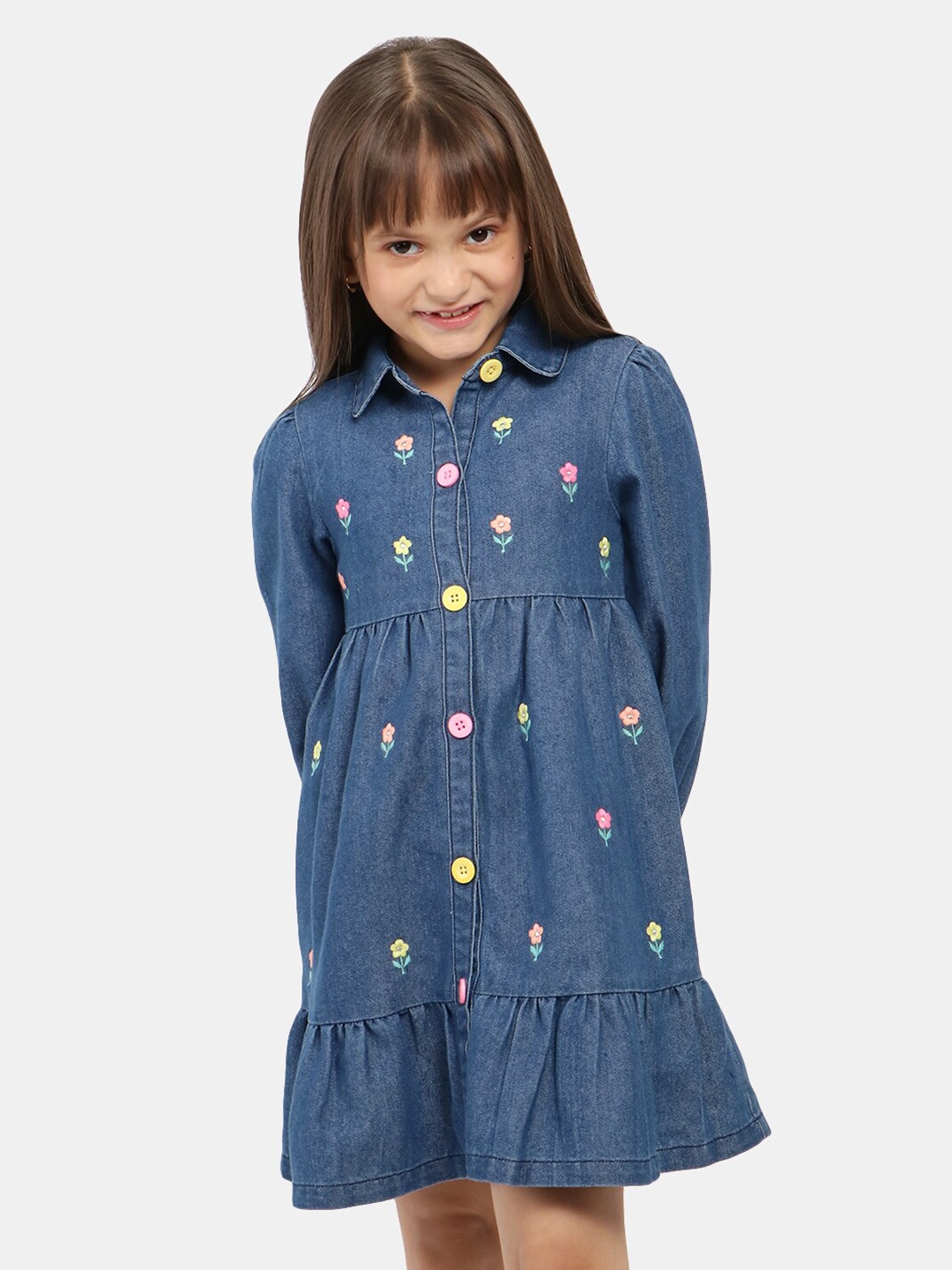

Nauti Nati Girls Floral Embroidered Gathered Pure Cotton Shirt Dress, Blue