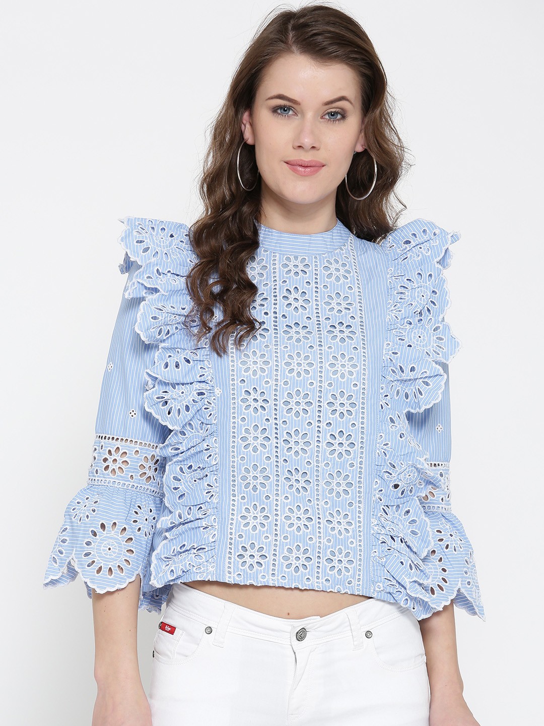 

ONLY Women Blue Self Design Ruffled Top
