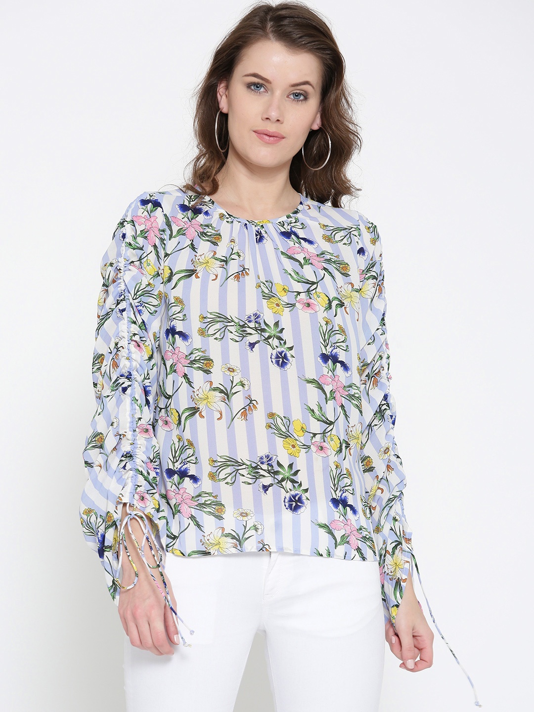 

ONLY Women Blue & Off-White Floral Print Top