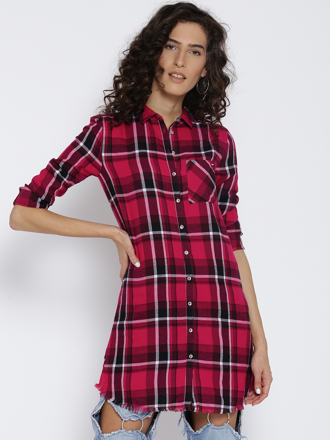 

ONLY Women Pink & White Checked Longline Casual Shirt