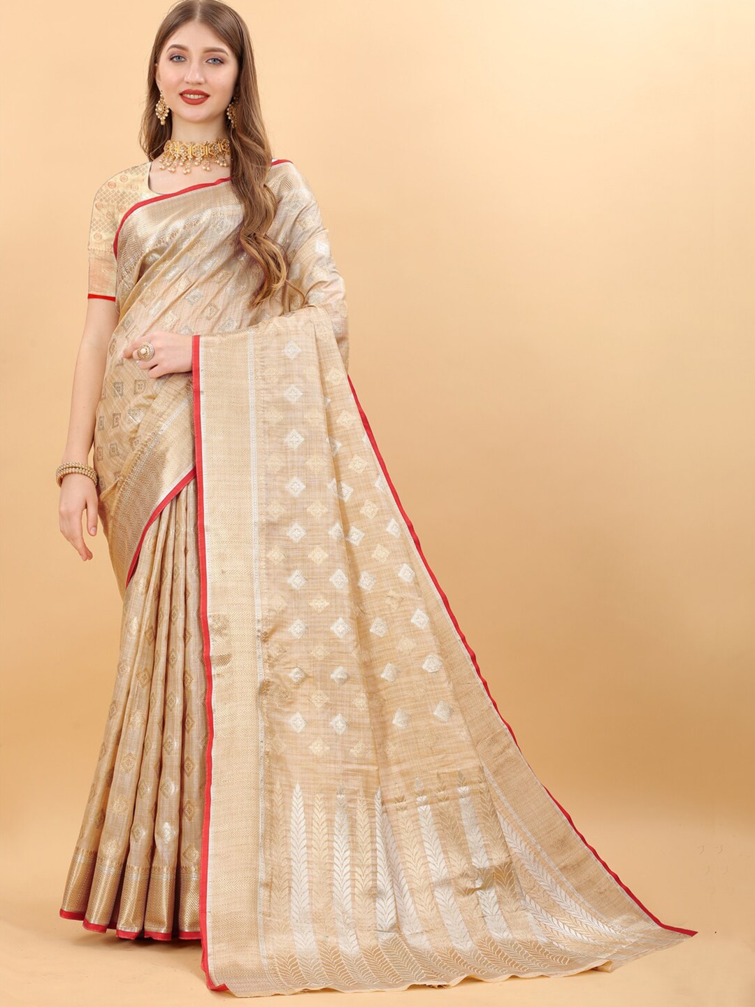 

JATRIQQ Woven Design Zari Saree, Beige