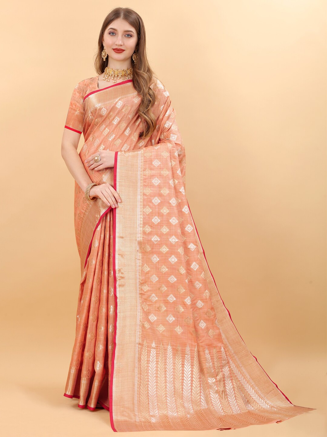 

JATRIQQ Woven Design Zari Saree, Peach