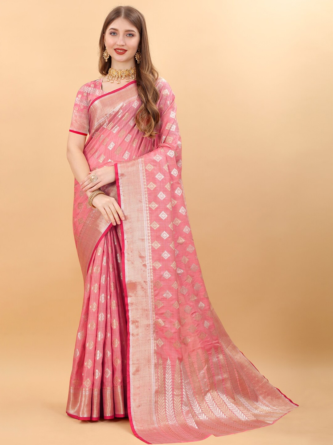 

JATRIQQ Woven Design Zari Saree, Pink