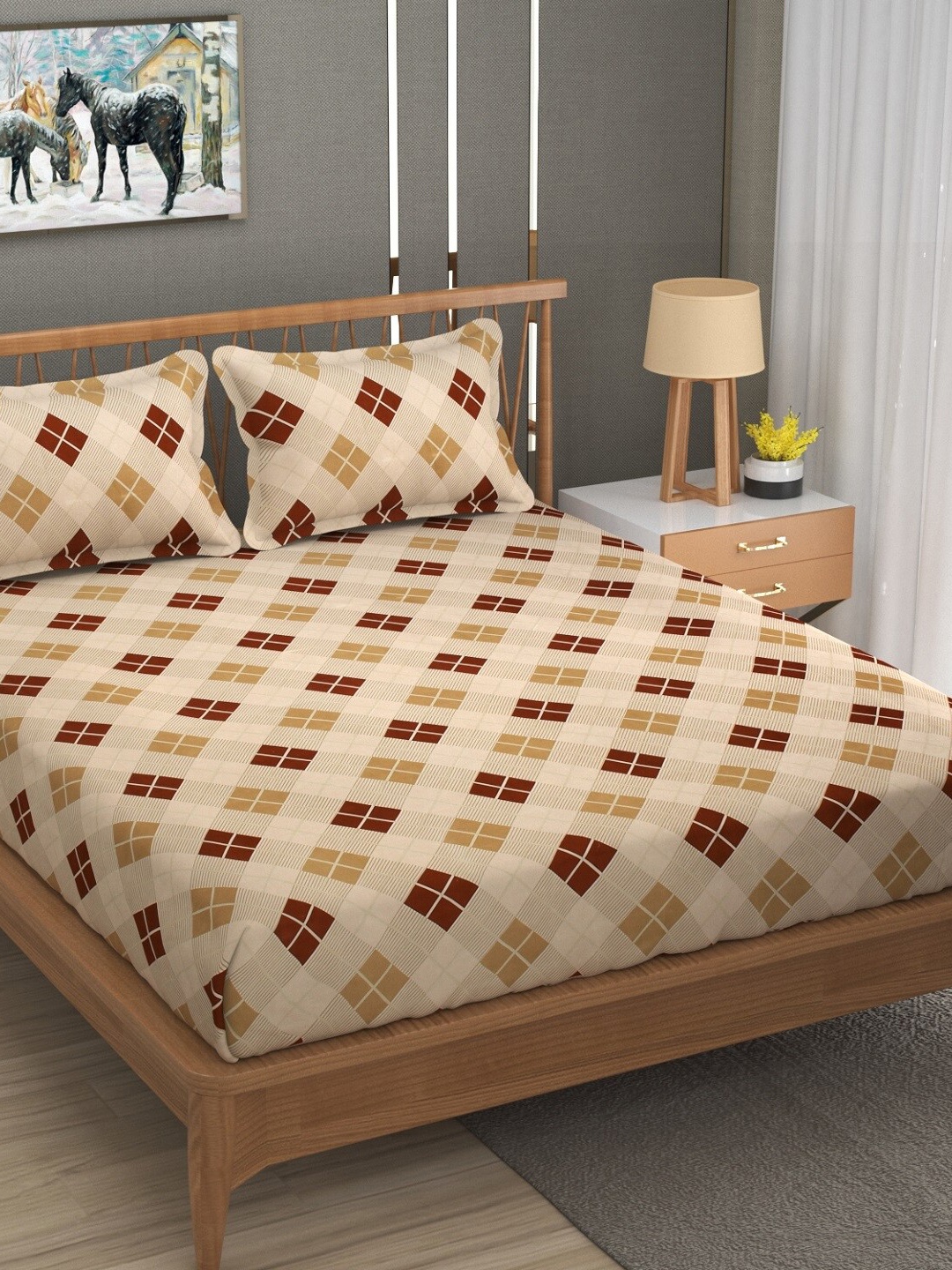 

Texstop Maroon & Mustard Geometric Cotton 180 TC King Bedsheet With 2 Pillow Covers