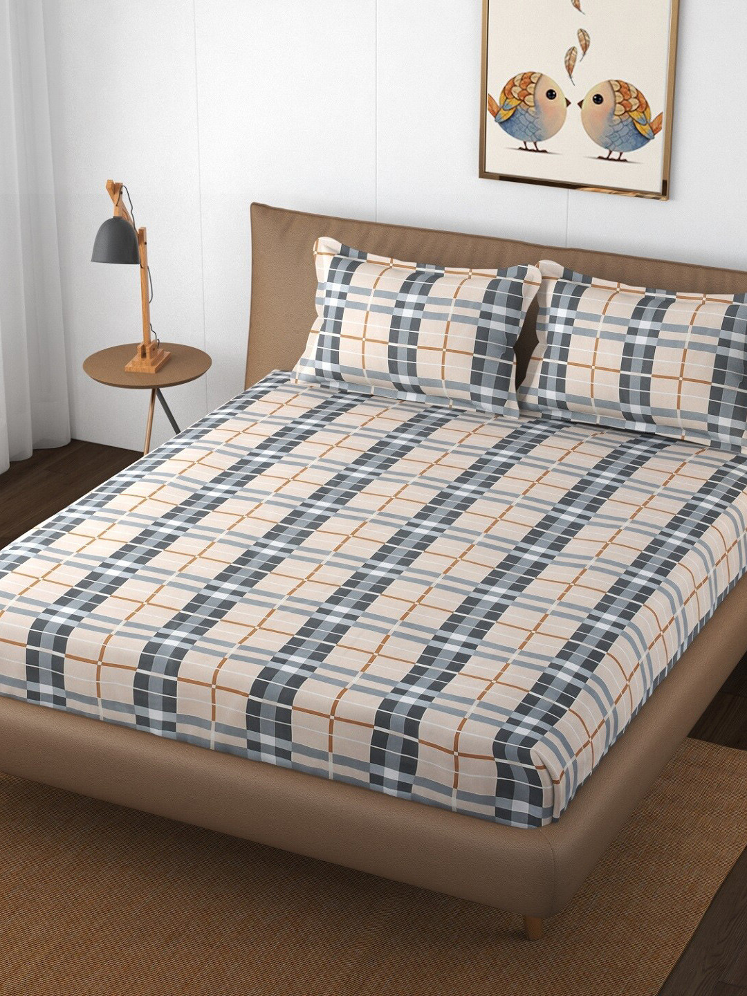 

Texstop Cream-Coloured & White Geometric Cotton 180 TC Queen Bedsheet with 2 Pillow Covers