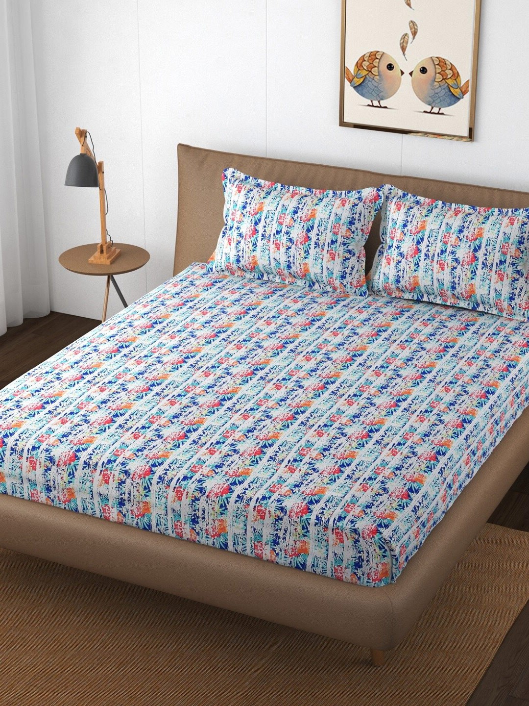 

Texstop White & Blue Abstract Printed Cotton King Bedsheet With 2 Pillow Covers