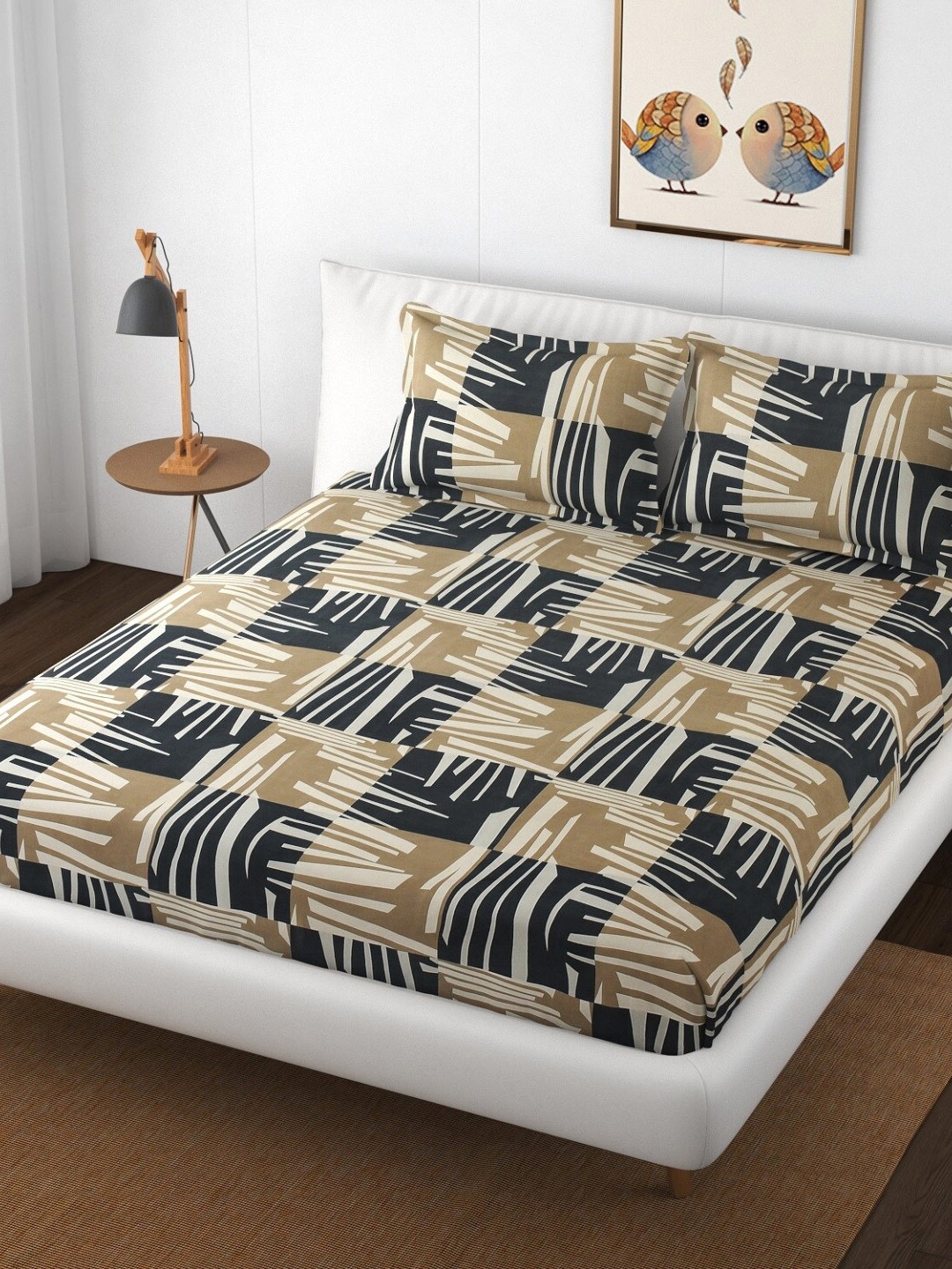 

Texstop Black & Beige Geometric Printed Cotton 180 TC Queen Bedsheet With 2 Pillow Covers